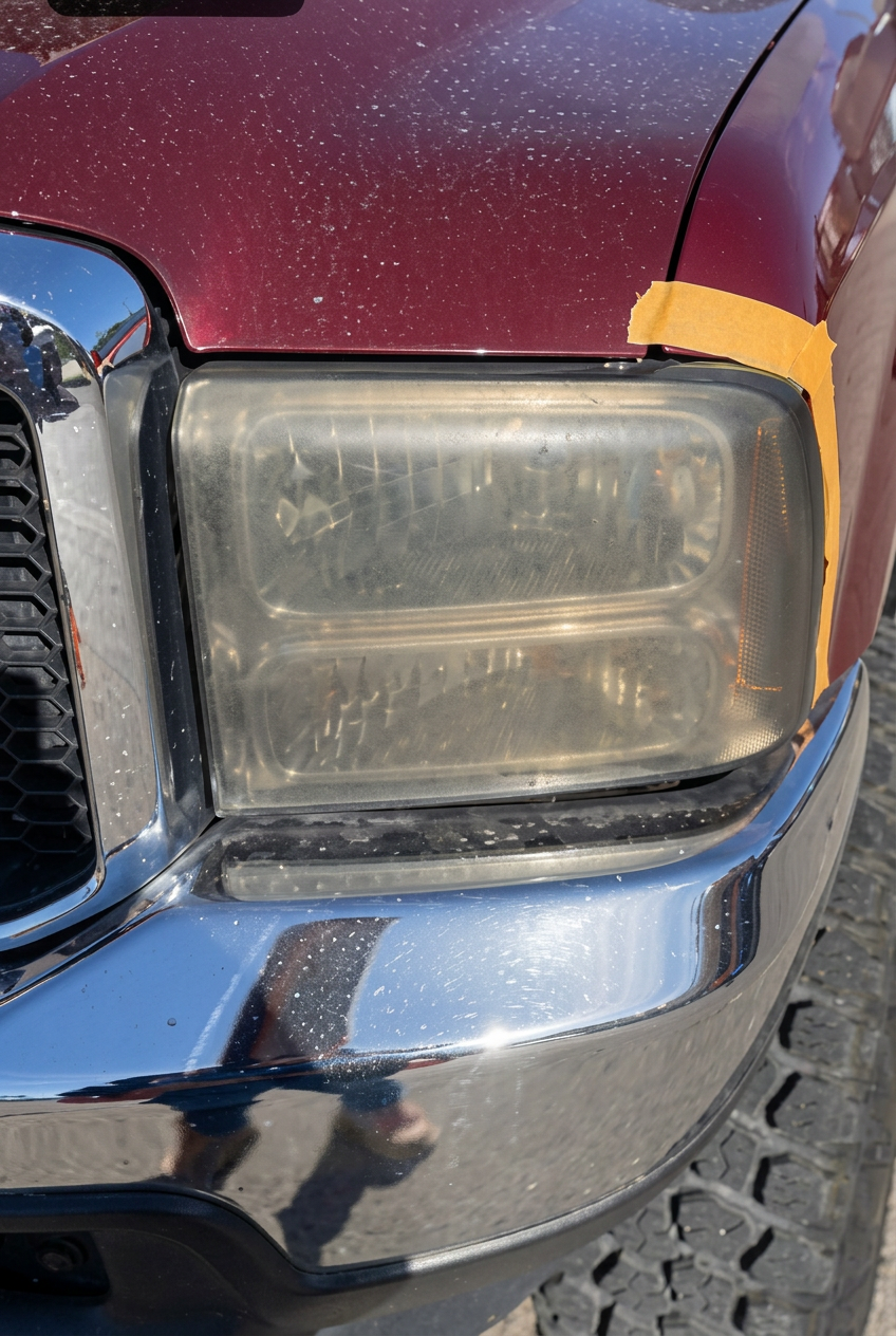 Ford Super Duty headlight restoration — before